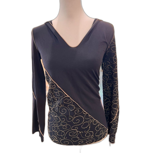Beija Brazil Embroidered Boho Hoodie Black Gold Lightweight V-Neck Pullover S - Picture 3 of 6